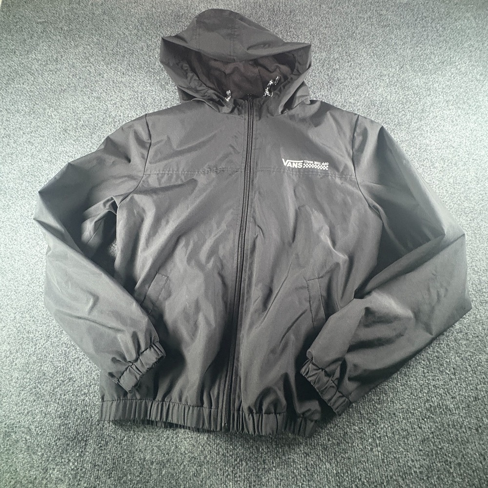 Vans Of The Wall Windbreaker Jacket Womens Medium Black Logo Hooded Full Zip
